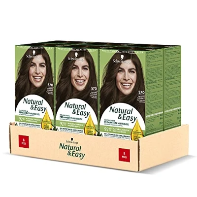 Image de Schwarzkopf, Natural &amp; Easy Lot de 6 teints capillaires permanents nourrissants avec huile d&#039;olive et extrait lavande, couverture cheveux blancs, teinte 570 marron naturel