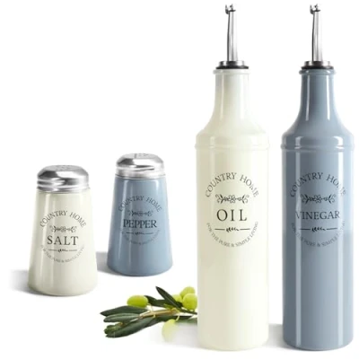 Afbeelding van COM FOUR® 4 delige glazen keukenset olie en azijnfles met roestvrijstalen schenktuit, klep, luchtbuis zout peperstrooier (4 stuks flessen + shakers)