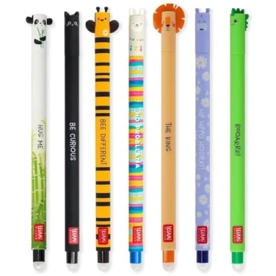 Afbeelding van LEGAMI 7 uitwisbare gelpennen met warmtegevoelige inkt, inktkleuren en vatpatronen, 0,7 mm punt, panda, kat, bij, lama, leeuw, nijlpaard dinosaurus