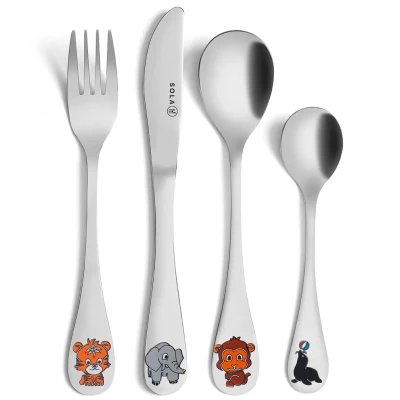 Afbeelding van Sola Jungle Kinderbestekset 4 Delig Kinder Bestek Zilverwit Edelstaal 18/10 Kraamcadeau Baby cadeau Niet Vaatwasserbestendig Zilver