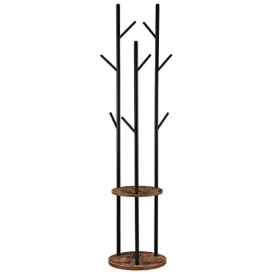 Afbeelding van HOOBRO Vrijstaande kapstok met 8 haken, 2 ronde planken voor kleding, hoed, tas, woonkamer, slaapkamer, kantoor, donkerbruin, zwart EBF33YM01