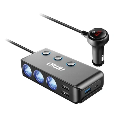 Afbeelding van AMiO 3 Dubbele Sigarettenaansteker Plug Splitter met (3x USB A &amp; 1x C) 12V/24V en Voltmeter Zwart