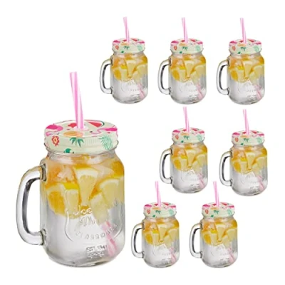 Afbeelding van Relaxdays drinkglazen set van 8 zomerse print 500 ml met rietje en deksel limonadeglas