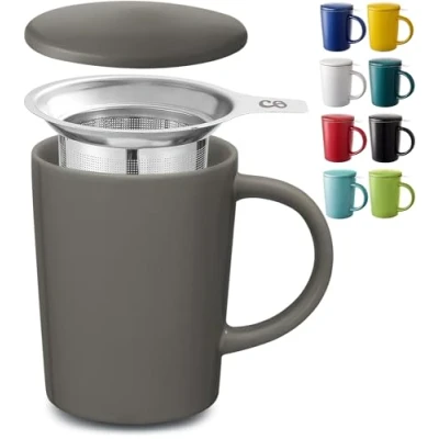 Afbeelding van Cosumy Theemok met theezeef en deksel, 400 ml, groot, keramiek, blijft lang warm (antraciet)