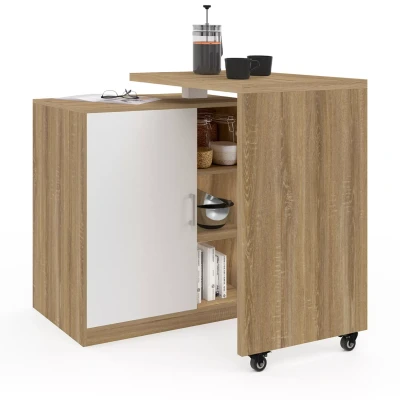 Image de Ilot rotatif POLO meuble de bar pivotant 2 en 1 imitation hêtre porte blanche
