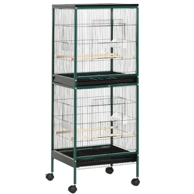 Afbeelding van PawHut Grote vogelkooi op standaard, dubbele volière met zitstokvoeders, afneembaar dienblad, wieltjes, 51,5 x 50 140 cm, groen/zwart