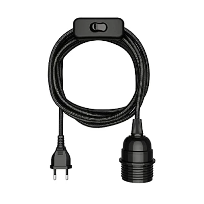 Afbeelding van ledscom.de LEKA textielkabel, stekker, schakelaar, zwart, 3 m, lampfitting, 1x E27 max. 60 W, led, doe het zelf, wandlamp, E27, hanglamp, stekker