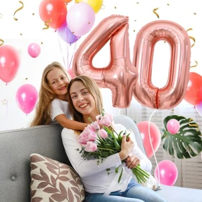 Afbeelding van Ballonnen verjaardag 40 roségoud 100 cm ballon cijfer 40, nummer Happy Birthday decoratie, ballonnen, verjaardagsfeest, jaren vliegen dankzij heliumballonnen