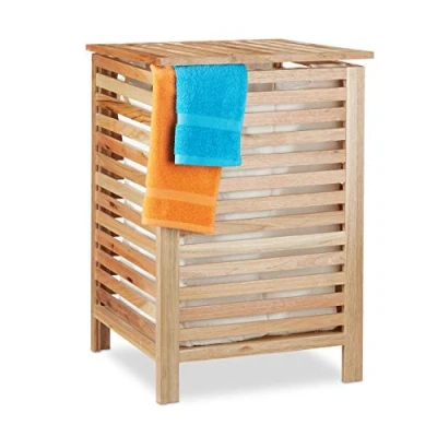 Afbeelding van Relaxdays wasmand hout wasbox landelijk opbergmand met deksel 52 liter vierkant