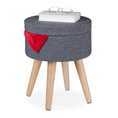 Afbeelding van Relaxdays poef met opbergruimte tafelblad bijzettafel ronde hocker krukje stof
