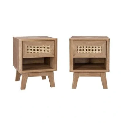 Afbeelding van sweeek Set van 2 nachtkastjes met 1 lade en vak, hout rieteffect, eucalyptuspoten