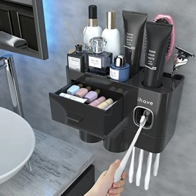 Afbeelding van iHave Zwarte wandtandenborstelhouder met automatische tandpastadispenser, 2 kopjes, badkamer decoratieve tandenborstelhouder lade, grote capaciteit, badkameraccessoires