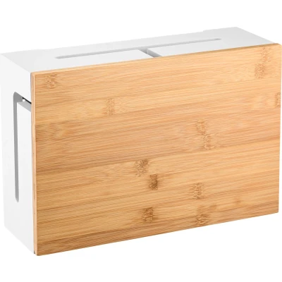 Afbeelding van Kos design Witte kabelbox Opberg stekkerdoos Bamboe Kabeldoos bureau Snoeren opbergen Cablebox organizer