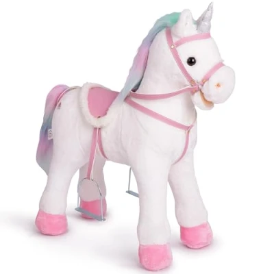 Afbeelding van Pink Papaya staand paard om op te zitten 60cm speelpaard rijden Rainbow voor kinderen met geluid rijpaard