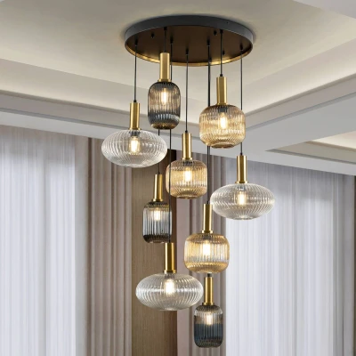 Afbeelding van Hanglamp Norma, 9 lamps, rond, glas, zwart/messing