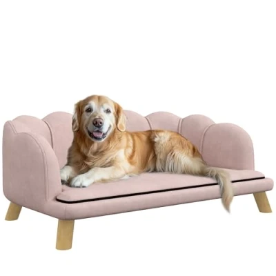 Afbeelding van PawHut Hondenbank en kattenbank, wasbare hoes met rugleuning houten poten, voor middelgrote honden onder 25 kg, roze