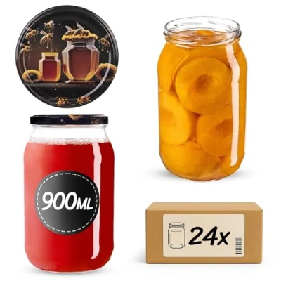 Afbeelding van KADAX Weck Set van 24 glazen inmaakpotten met schroefdeksel 900 ml Te gebruiken als jampotten, voorraadpotten, inmaakpotten, honingpotten