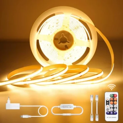 Afbeelding van COB ledstrip, 5 m, warmwit, lichtstrip, dimbaar, 24 V, 3000 K, zelfklevende waterdicht, IP44, ledstrip met voeding en afstandsbediening, lichtstrips voor kasten, keukens, tv..