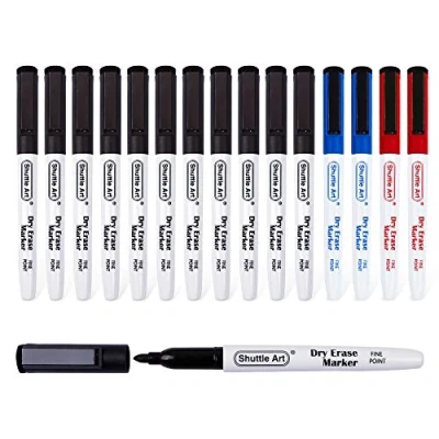 Afbeelding van Shuttle Art magnetische whiteboard stiften, 15 stuks, 3 verschillende kleuren, 11 zwart, 2 blauw, rood, markers met fijne punt, droog afwisbaar, voor whiteboards, planner, glas