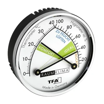 Afbeelding van TFA Dostmann 45.2024.EK analoge hygrometer thermometer voor het meten van vochtigheid en temperatuur, creëert een gezond binnenklimaat, voorkomt schimmel, binnen, zilver/wit, klein