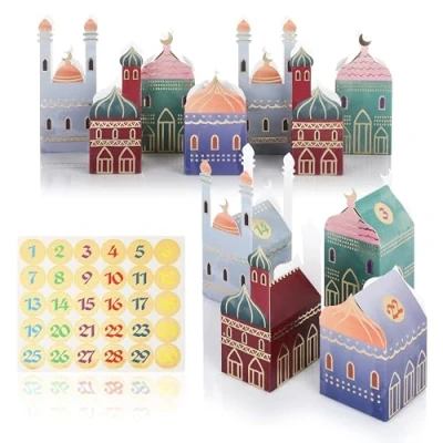 Afbeelding van CraftWerk Ramadan kalenderdozen, 30 kleurrijke huizen met stickers om neer te zetten en decoreren, herbruikbare Eid Mubarak geschenkdozen vullen voor kinderen volwassenen