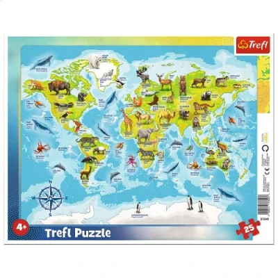 Afbeelding van Trefl, Puzzels in lijst, wereldkaart met dieren, 25 stukjes, voor kinderen vanaf 4 jaar