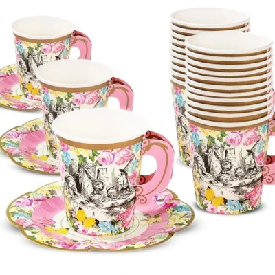 Afbeelding van Talking Tables 12 stuks Alice in Wonderland kopjes en schotels Voor gekke middag, theekransje, verjaardag of babyshower, papier, gemengde kleuren, (1 stuk)
