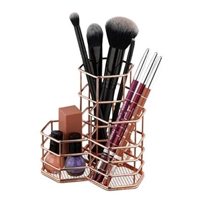 Afbeelding van Relaxdays make up kwastenhouder 3 vakken pennenbakje metaal pennenhouder cosmetica Rose goud