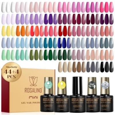 Image de ROSALIND Vernis Semi Permanent, 48 Pièces Blanc Rose Pourpre Jaune Orange Rouge Couleurs Gel Bleu Gris Vert Marron Noir, Soak off Mini UV/LED à Ongles permanent Manucure Kit