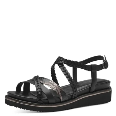 Afbeelding van Tamaris Sandalen met sleehak, Dames, Maat: 36, Black Leer/ synthetisch