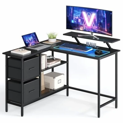 Afbeelding van VASAGLE L bureau met 2 ruime laden, gamingbureau monitorhouder, hoekbureau verstelbare opbergplank, voor thuiskantoor, ebbenhout zwart LWD097B56