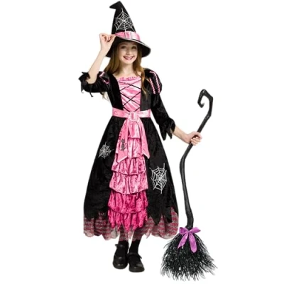 Afbeelding van Spooktacular Creations Roze sprookjeskostuum heksenkostuum, schattig heksenkostuum met bezem voor meisjes