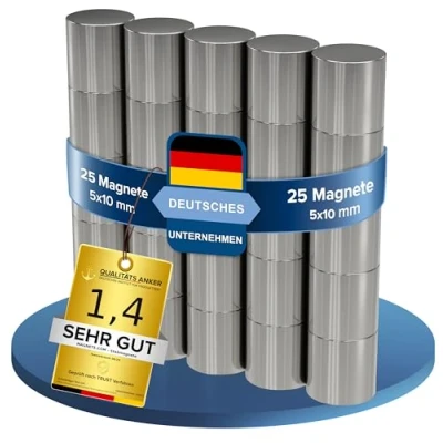 Afbeelding van 25 neodymium magneten, zilver, extra sterke staaf, schachtdiameter 5 mm x 10 lang, magneet