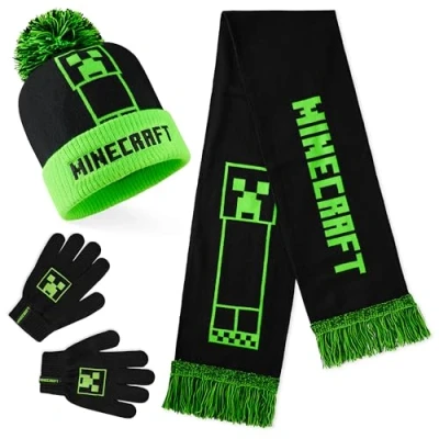 Afbeelding van Minecraft Kindermuts, set muts sjaal en handschoenen voor jongens, winteraccessoires, cadeau idee gamer, Groen/Zwart