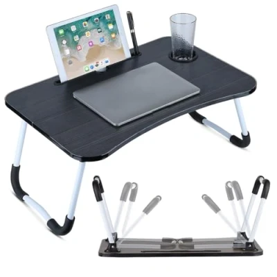 Afbeelding van Laptopklaptafel met tablethouder en bekerhouder, draagbare bedtafel 60 x 40 cm, antislip voeten, ruimtebesparend, stabiel bureau voor thuiskantoor, de