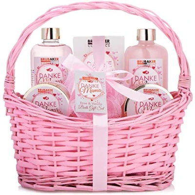 Afbeelding van BRUBAKER Cosmetics Danke Mama 7 delige Bad en Body Set Rose Vanilla Scent Cadeautip Vrouw Cadeau Idee Cadeauset in Vintage Mandje Roze Moederdag cadeautje