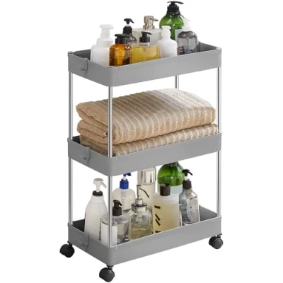 Afbeelding van SONGMICS trolley met 3 niveaus, keukentrolley, nisplank op wielen, ruimtebesparende keukenplank, badkamerplank, voor de badkamer, woonkamer, kantoor, 40 x 22 60 cm, grijs