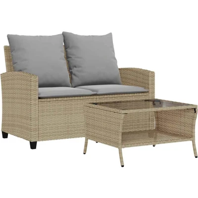 Afbeelding van vidaXL Tuinbank 2 zits met kussens &amp; tafel poly rattan beige
