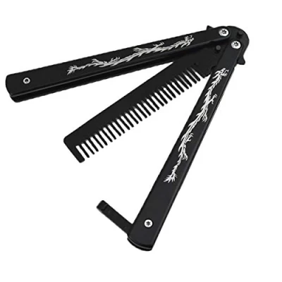 Afbeelding van XBC Tech Balisong Trainingsvlindermes, 100% roestvrij staal, ongeslepen lemmet, praktisch, opvouwbaar, vlinder, trainer, mes, kam (zwart)