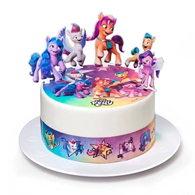 Afbeelding van Kardasis My Little Pony thema eetbare papieren verjaardagstaartdecoratie 20 cm + 3 linten van 28 x 5 4 figuren