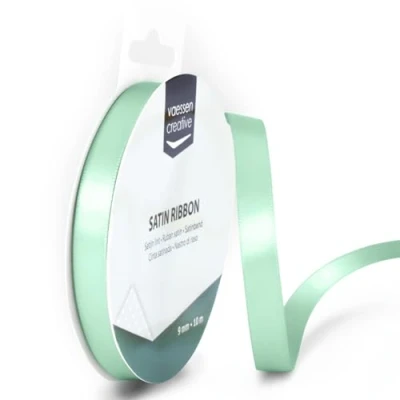 Afbeelding van Vaessen Creative Satijnen lint 9 mm x 10 meter pastelgroen decoratief knutsellint stoffen voor bruiloft, doop en verjaardagsgeschenken