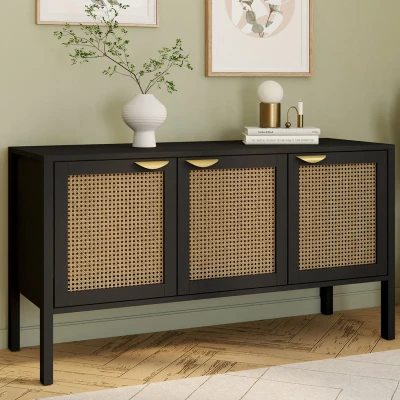 Image de Buffet bas 110 cm EDHEN 3 portes bois noir et cannage IDMarket