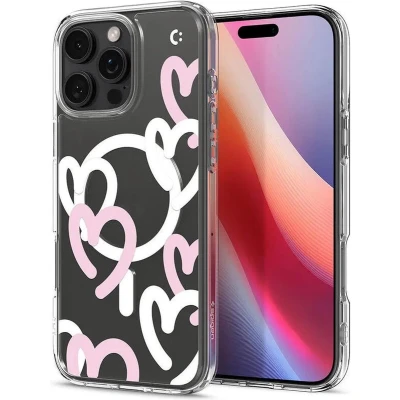 Afbeelding van Spigen Ultra Hybrid MagFit Hoesje Geschikt voor Apple iPhone 16 Pro Compatibel met MagSafe Back Cover Hearts Wit Roze