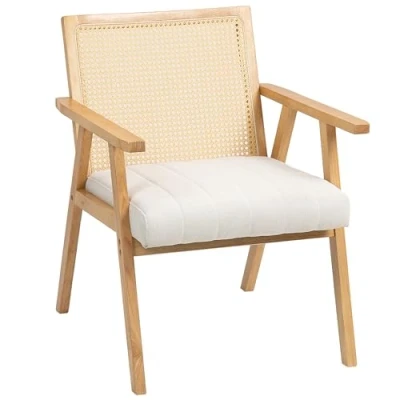 Afbeelding van HOMCOM Relaxstoel voor woonkamer, slaapkamer, comfortabel, rieten stoel met rugleuning van rotan en gevoerd kussen armleuningen, natuurlijk hout