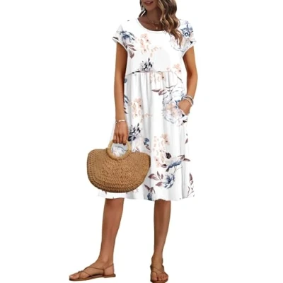 Afbeelding van AUSELILY Dames zomerjurk met korte mouwen en ronde hals zakken, Wit bloemenpatroon., XL