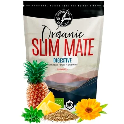 Afbeelding van SLIM TEA Yerba Mate Bio Digestive mat groen zonder stengel, 0 stof voor de darmtransit, opgeblazen gevoel kruidenthee venkel, munt, wortel, zoethout, ananas, losse thee 100 g Vitstorm