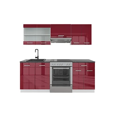 Afbeelding van Vicco Complete keukeneenheid R Line, Bordeaux hoogglans/wit, 200 cm zonder werkblad