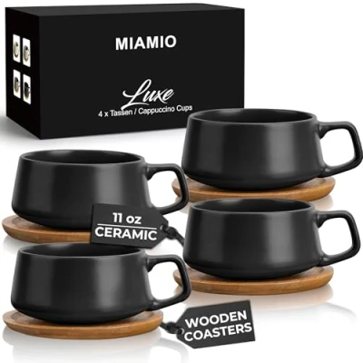 Afbeelding van MIAMIO Set van 4 keramische theekopjes en schoteltjes 320 ml bamboe grote cappuccino mok voor cappuccino, latte, espresso americano luxe collectie (zwart)