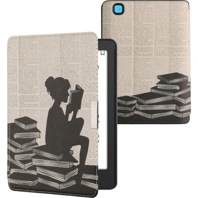 Afbeelding van kwmobile E reader hoesje geschikt voor Kobo Aura Edition 2 hoes flip case met magnetische sluiting Ereader cover Meisje boeken design in zwart / beige