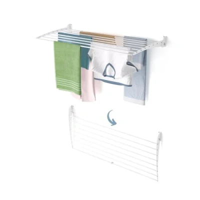 Afbeelding van foxydry Fold Droogrek voor aan de muur, uittrekbaar, verticaal, opvouwbaar, binnen en buiten, van aluminium staal, 118 x 50 cm (wit down, 1 laags 120)